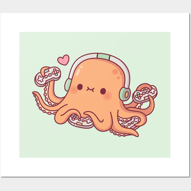 Cute Octopus Gamer With Four Video Game Controllers Wall Art by rustydoodle